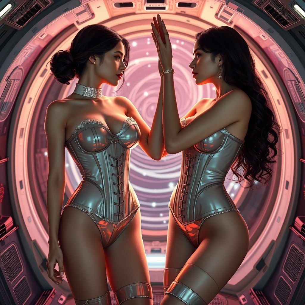 two female figures with Bust in shiny PVC Pastel-Dark/Sepia undergarments (corsets, chockers, girdle with Garter belts & glossy PVC Socks) locked in slow dancing in a Futuristic Spaceship, with Glowing AI-generated spirals pulse behind them. Leica M9 clarity, romantic elegance, hypnotic depth.
Two female figures, bodies adorned in shimmering PVC corsets, pastel-dark and sepia tones blending seamlessly. Chokers embrace elegant necklines, girdles accentuate curvaceous silhouettes, garter belts holding glossy socks glisten in soft light. Futuristic spaceship interior reflects a romantic elegance, AI-generated spirals pulsating in hypnotic depth, embracing their slow dance as stars twinkle nearby.