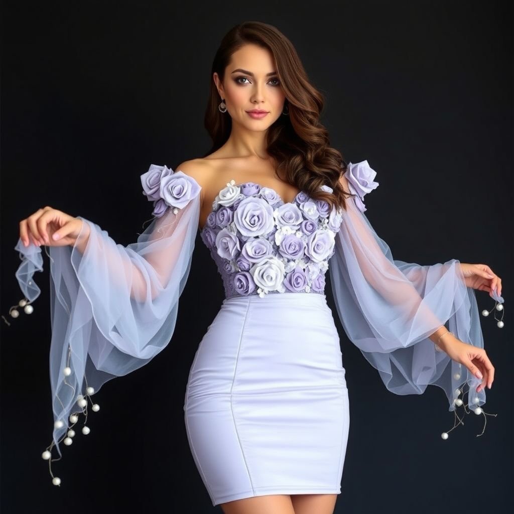 Top Center Design (Main Look)
Silhouette: Bodycon mini dress with fitted waist and straight skirt.

Top/Bodice: The bodice is richly textured with what appears to be floral or rosette embellishments, creating a dense, tactile look.

Sleeves: The standout feature is the long, detached sleeves—they have a flowing, ribbon-like structure with organic curves, possibly representing vines or stylized leaves.

Overall Vibe: A bold, fashion-forward evening or couture look—feminine and statement-making with nature-inspired sleeves.   Primary: Soft moonlight silver, icy lavender

Accent: Pale pearl, midnight blue hints in shadows

A bodycon mini dress exuding elegance. Fitted waist accentuating curves, straight skirt elongating silhouette. Richly textured bodice adorned with intricate floral rosette embellishments, inviting touch. Long, detached sleeves cascading gracefully, resembling ethereal vines. Soft moonlight silver harmonizing with icy lavender, delicate pale pearl accents, midnight blue whispers adding depth. A daring statement piece.