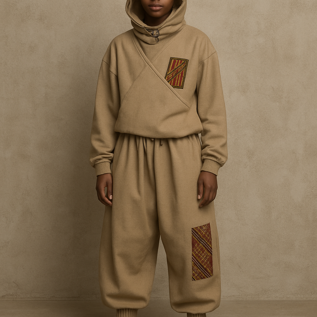 Unisex street-chic outfit inspired by Benin and spirituality. Balloon jogging set with cross-body top, detachable hood, subtle African embroidery, wax accents, elegant neutral colors, and technical fabrics (viscose/polyester/fleece). Style = street + soul + elegance.
Streetwear fashion design: Unisex Set: Cotton balloon joggers and cross-body top with detachable hood. Subtle African embroidery, wax accents. Neutral colors. Relaxed fit. Streetwear fusion of culture and comfort.