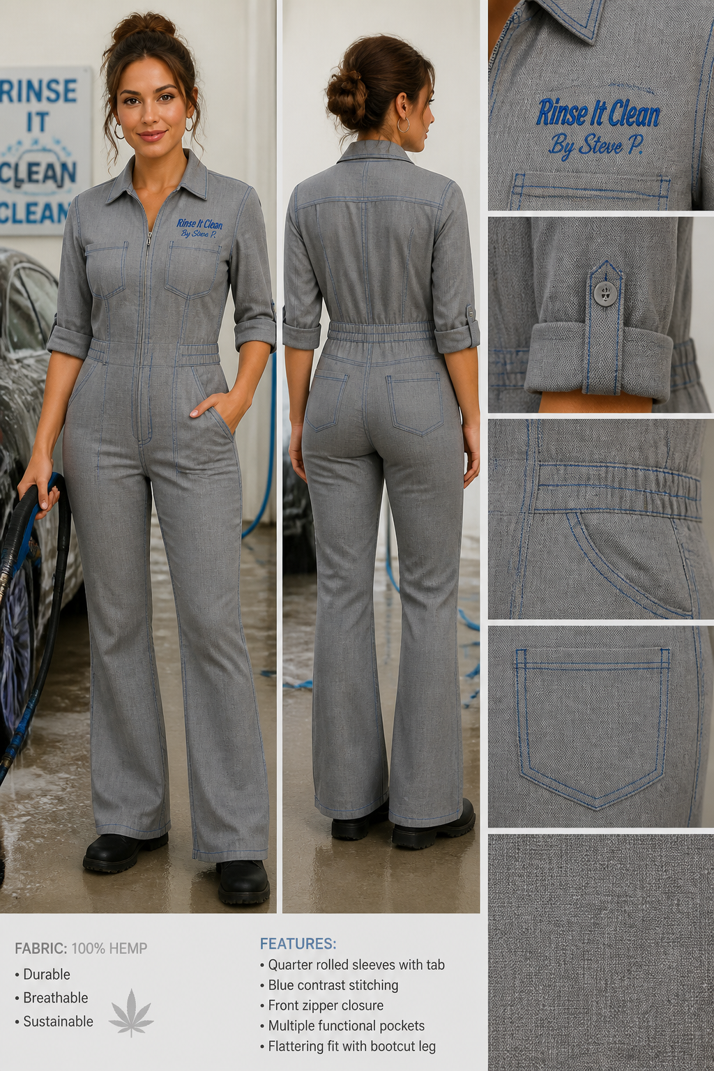 womens gray -colored Hemp fabric car-wash employee bootcut jumpsuit with company logo written in blue font: Rinse It Clean By Steve P. and has quarter rolled sleeve and blue stitching
womens gray -colored Hemp fabric car-wash employee bootcut jumpsuit with company logo written in blue font: Rinse It Clean By Steve P. and has quarter rolled sleeve and blue stitching