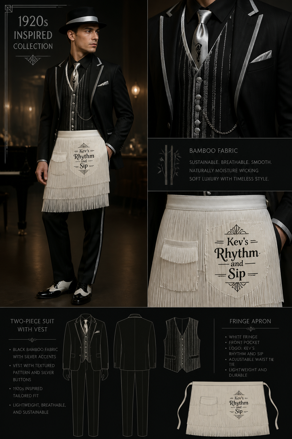 black and silver 1920s two-piece mens suit with vest that is made of bamboo fabric and a fringe white apron with logo that says = Kev's Rhythm and Sip with a pocket and is made of fringe
black and silver 1920s two-piece mens suit with vest that is made of bamboo fabric and a fringe white apron with logo that says = Kev's Rhythm and Sip with a pocket and is made of fringe