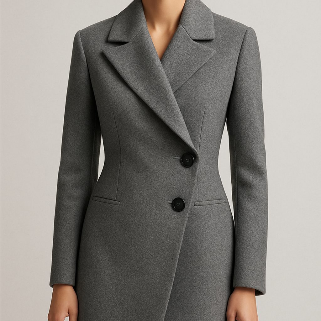 Tailored wool coat with asymmetric closure
Contemporary fashion design: Grey wool coat, tailored fit, wide lapel, asymmetric button closure.