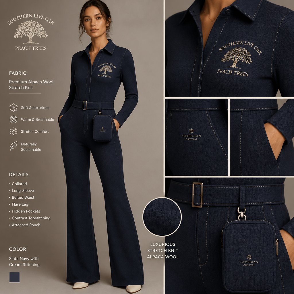 Slate navy warm collared, belted, and stretchy long-sleeve timeless elegance professional flare leg non jean jumpsuit made of alpaca wool with silver cursive font embroidered "Georgian Crystal at Blue Ridge Resort" logo pocket with cream stitching, then add hidden slate navy pockets. Make sure non-sheen pockets have cream stitching. Include an attachable hidden navy blue pouch to hold pens, a small pen pad, front office cordless phone, and front office keys. Large logo should include a cream-stitched only Southern Live Oak Tree with Spanish Moss and Peach Trees with fallen peaches, influenced by the Atlanta skyline on the front chest area only, and The entire front chest logo size should be the size of a circular plate, including the resort name within the circular plate only. Create a design for women in the front office only.
Slate navy alpaca wool jumpsuit, collared, belted, flare leg, long-sleeve. Stretchy knit fabric. Subtle "Georgian Crystal" logo on pocket. Cream stitching. Hidden pockets with cream stitching. Large cream-stitched resort logo on chest: Southern Live Oak, Peach Trees. Attached navy pouch for office essentials.