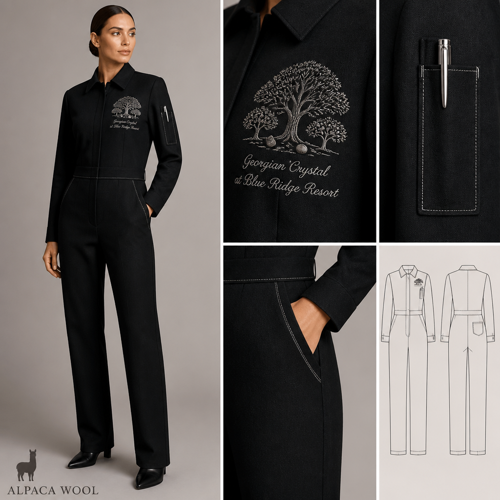 Black warm collared long-sleeve timeless elegance tailored professional jumpsuit made of alpaca wool with silver cursive font embroidered "Georgian Crystal at Blue Ridge Resort" on front logo with silver stitching, then add hidden black pockets. Make sure non-sheen pockets have silver stitching. Include an attachable hidden black pouch to hold pens, a small pen pad, front office cordless phone, and front office keys. Large logo should include a silver-stitched only Southern Live Oak Tree with Spanish Moss and Peach Trees with fallen peaches, influenced by the Atlanta skyline on the front chest area only, and The entire front chest logo size should be the size of a circular plate, including the resort name. Create a design for women in the front office only.
Alpaca wool jumpsuit, black, tailored cut, straight silhouette, collared, long-sleeve. Silver cursive "Georgian Crystal at Blue Ridge Resort" embroidery, silver stitching. Hidden pockets with silver stitching. Large silver-stitched Southern Live Oak Tree and Peach Trees with fallen peaches logo on chest. Attach pen pouch. For women.