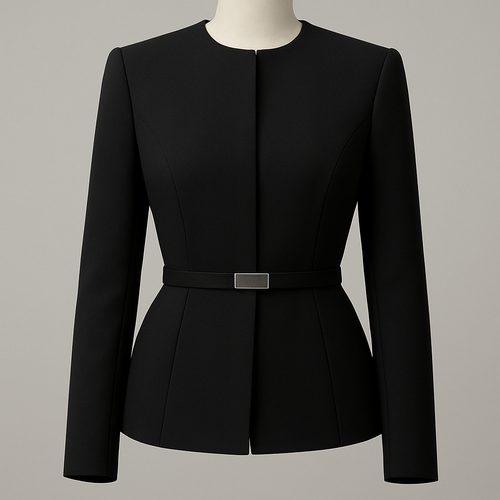 a black tailored jacket. The jacket should cinch  at the waist and be similar to a blazer but it is not a blazer. It does not have buttons. Instead it has clasps on the inside and it has a SKINNY belt in the center that has a silver plaque. It does not have collar like a blazer. No shoulder padding. Soft at shoulders and it should have more of a canvas/ polyester material