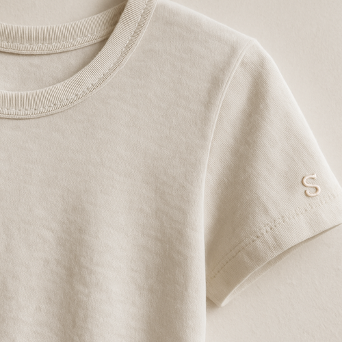 A premium women’s basic crew neck t-shirt, slim-relaxed fit, high-quality cotton fabric, short sleeves, minimal and elegant design. On the left sleeve near the cuff, a small embroidered monogram logo with only the letter “S”, elegant stitched embroidery with thread texture, luxury brand style. Photographed in natural daylight, clean background, ultra-detailed fabric texture, hyperrealistic cotton stitches, 3D depth of field close-up, fashion e-commerce product photography aesthetic.
