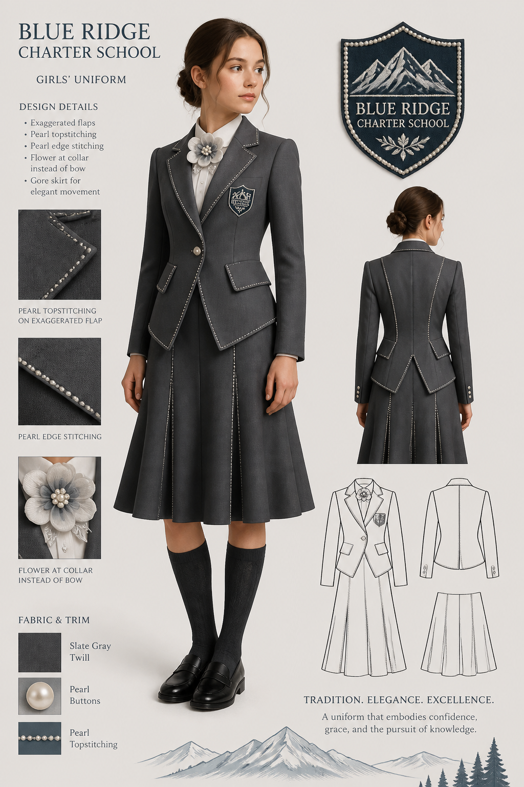 Girls' charter school uniform with exaggerated flaps on a slate gray blazer and gore skirt. Include extra pearl stitching. School logo should state: Blue Ridge Charter School. Instead of a bow in the collar include a flower
Girls' charter school uniform with exaggerated flaps on a slate gray blazer and gore skirt. Include extra pearl stitching. School logo should state: Blue Ridge Charter School. Instead of a bow in the collar include a flower