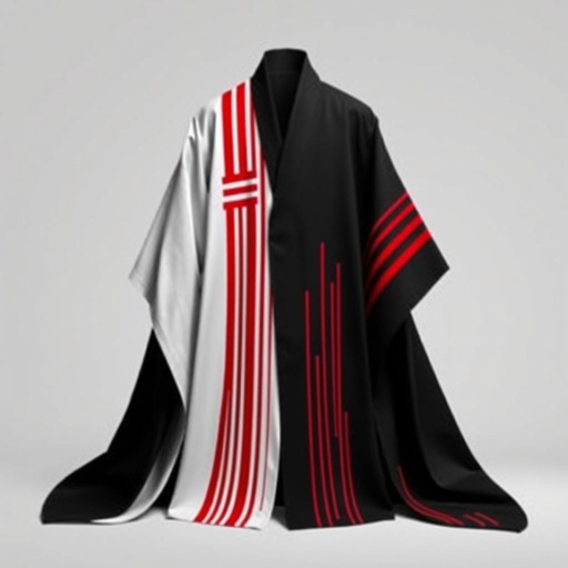 Design a men's kimono with a futuristic, minimalist aesthetic. On one side of the kimono, feature vertical lines in varying widths and lengths, randomly placed in red, creating a dynamic and fluid pattern. The other side should remain clean and simple, maintaining a sleek, modern silhouette. The base color should be black, with the red lines adding contrast and energy to one side. The overall design should combine a modern, shamanic feel, blending tradition with innovation, and evoke both spiritual and futuristic elements."