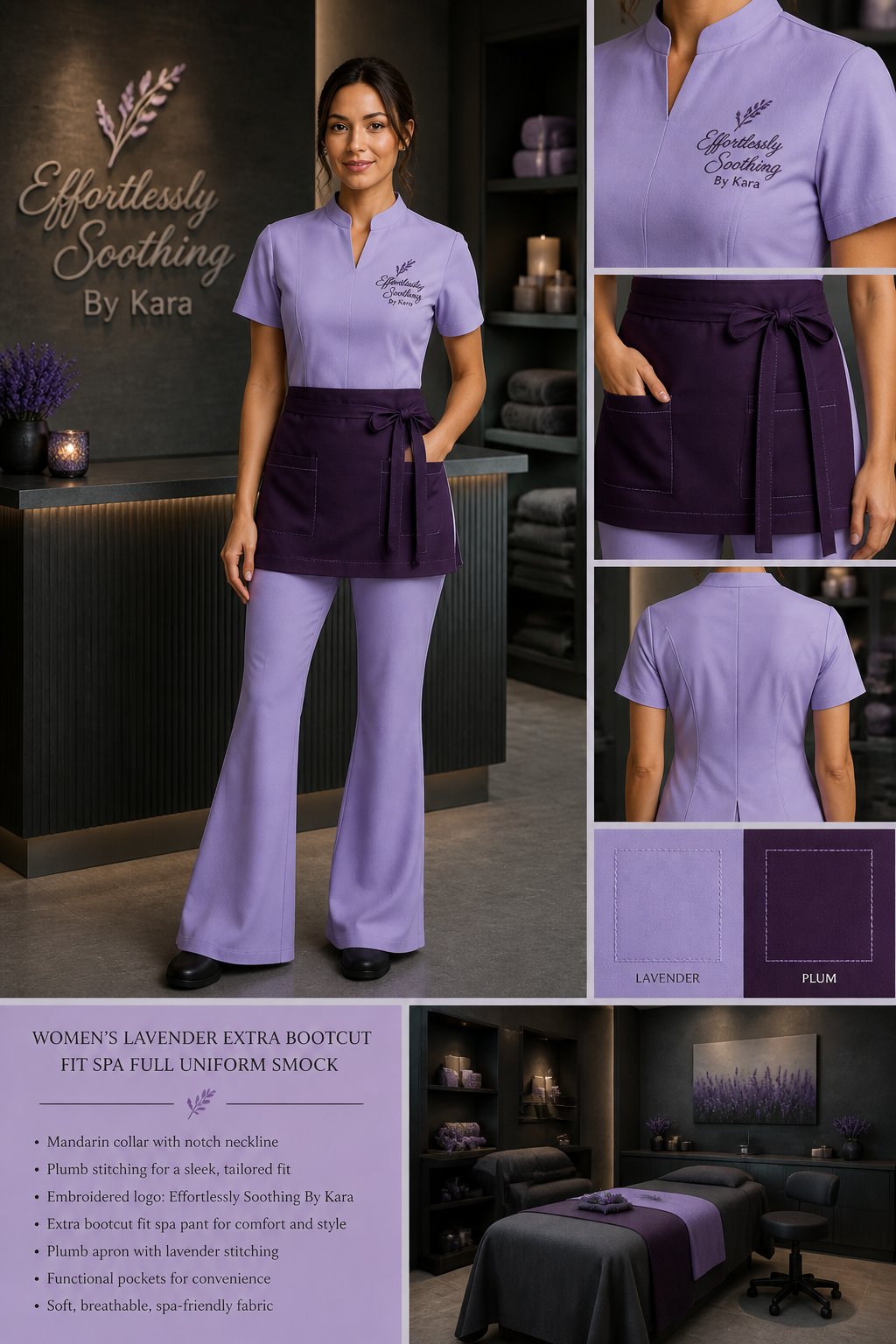 Women's lavender-colored extra bootcut fit spa full uniform smock with plumb stitching and logo: Effortlessly Soothing By Kara. Include plumb colored apron with lavender stitching. Spa decor should be charcoal gray
Women's lavender-colored extra bootcut fit spa full uniform smock with plumb stitching and logo: Effortlessly Soothing By Kara. Include plumb colored apron with lavender stitching. Spa decor should be charcoal gray