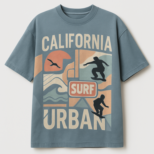 Create a variety of streetwear-style t-shirt and hoodie graphics and logos, featuring bold, trendy designs inspired by California surf and urban lifestyle. Include abstract patterns, oversized typography, retro logos, subtle animal motifs like seagulls, waves, sunsets, skaters, or cars. Designs should be youthful, casual, and edgy, suitable for screen printing on apparel. Use muted pastels, washed denim blues, and earth tones, with clean lines and modern style. Vector-ready, high-detail, wearable streetwear aesthetic logos