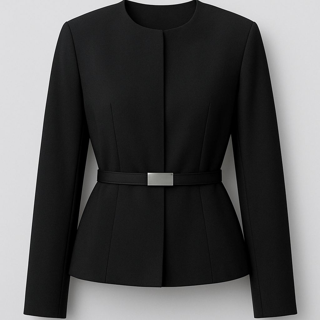 a black tailored jacket. The jacket should cinch  at the waist and be similar to a blazer but it is not a blazer. It does not have buttons. Instead it has clasps on the inside and it has a SKINNY belt in the center that has a silver plaque. It does not have collar like a blazer. No shoulder padding. Soft at shoulders and it should have more of a canvas/ polyester material. It currently is too much of a blazer and not enough of a jacket. Make it with no shoulder pads and less structure in shoulders


Ready To Wear fashion design: **Black tailored jacket, soft canvas/polyester blend. Structured body with a cinched waist. No collar, no shoulder pads for a relaxed shoulder line. Inner clasps secure the front, complemented by a skinny belt with a silver plaque at the waist.**