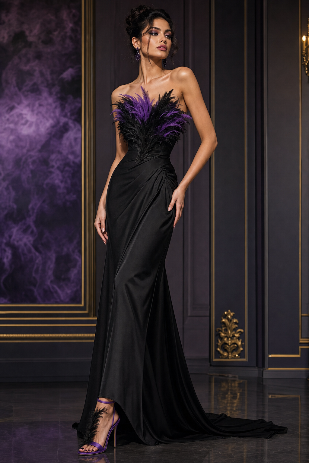 Black strapless long dress tight on top with black and violet feathers on top. Long flowing dress on bottom. Violet high heel shoes with black feathers on top open high heel shoe.
Haute Couture fashion design: A strapless, floor-length gown in black, sculpted to the bodice and flowing to the hem. Adorned with black and violet feathers on the bust. Paired with violet open-toe high heels featuring black feather detailing.