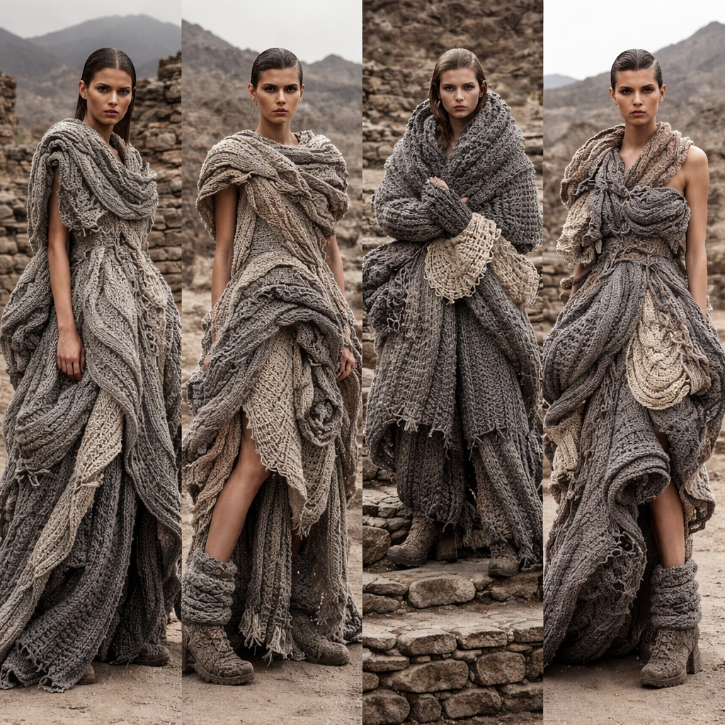 Coleccion inspirada en la ruina de los Quilmes, Tucuman, usando las lineas de las calles sinuosas como estampa, y en trama de crochet, tonos gris y tierras.
Avant Garde fashion design: Collection inspired by the ruins of Quilmes, Tucumán. Winding street patterns in crochet knit dominate. Gray and earth tones. Deconstructed asymmetry, exaggerated volume. Distorted silhouette, raw edges.