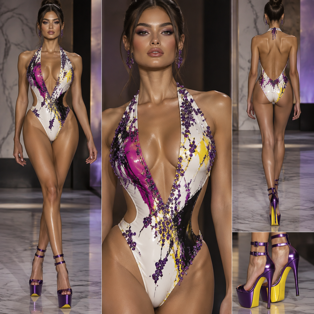 White bodysuit with halter top low cut real shiny with fushia and bright yellow and black and purple splotches on it with purple crystals. Purple open toe platform heels with two straps on ankle and bright yellow sole.
White bodysuit with halter top low cut real shiny with fushia and bright yellow and black and purple splotches on it with purple crystals. Purple open toe platform heels with two straps on ankle and bright yellow sole.
, haute couture style