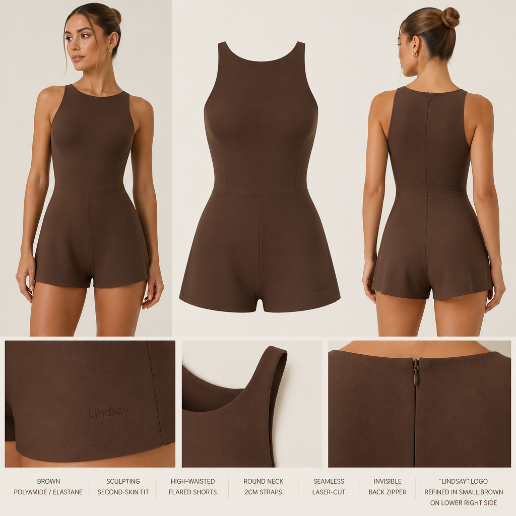 combinaison short marron qui arrive 2cm au dessus des genoux, matiere 76 % de polyamide / 24 % d’élastane , scultante , col rond , bride de 2cm de largeur , ventre gainant et short taille haute en flare , fessier galbant et push up, toute la combinaison est coupée au laser sans couture , tirette à l'arrière est invisible , la marque est ecrit en bas cote droit "Lindsay" en tout petit rafinnée marron
Brown polyamide/elastane sculpting short playsuit. High-waisted flared shorts, round neck, 2cm straps. Seamless laser-cut construction. Invisible back zipper. "Lindsay" logo refined in small brown on the lower right side.
