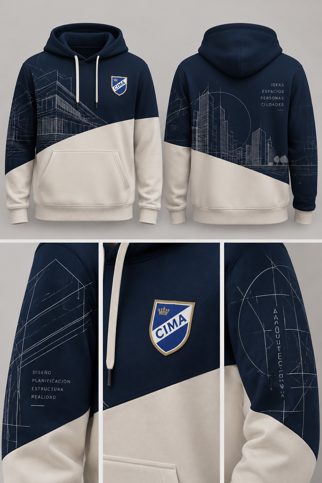 necesito que me crees un buso original en base a este modelo para unos futuros arquitectos, no me cambies el escudo y que el diseño que le pongas este unicamente en la parte azul y bonito que refleje el rubro de la arquitectura
necesito que me crees un buso original en base a este modelo para unos futuros arquitectos, no me cambies el escudo y que el diseño que le pongas este unicamente en la parte azul y bonito que refleje el rubro de la arquitectura