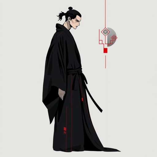 Design a men's kimono with a futuristic, minimalist aesthetic. Incorporate vertical lines and subtle red accents for contrast, creating a sleek, modern look. The kimono should have a shamanic, futuristic vibe, blending geometric shapes and spiritual symbolism. The base color should be black, with the red accents adding a sophisticated touch of color and depth. The design should evoke both tradition and innovation, combining ancient spiritual elements with a cutting-edge, technological feel."

