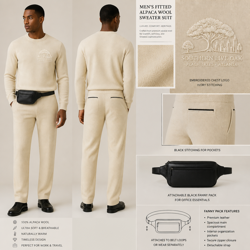All Black warm long-sleeve alpaca wool full sweater suit with "Georgian Crystal at Blue Ridge Resort" embroidered front logo with Ivory stitching, then add black pockets. Make sure pockets have black stitching. Include an attachable black sleek fanny pack to hold pens, a small pen pad, front office cordless phone, and front office keys. The logo should include a Southern Live Oak Tree With Spanish Moss and Peach Trees with fallen peaches gracing like the Atlanta skyline. Please create design for men only.
Men's fitted alpaca wool sweater suit. Long-sleeve crewneck sweater, straight-leg pants. Embroidered chest logo: Southern Live Oak, Peach Trees, Atlanta skyline. Ivory stitching for logo, black stitching for pockets. Includes attachable black fanny pack for office essentials.