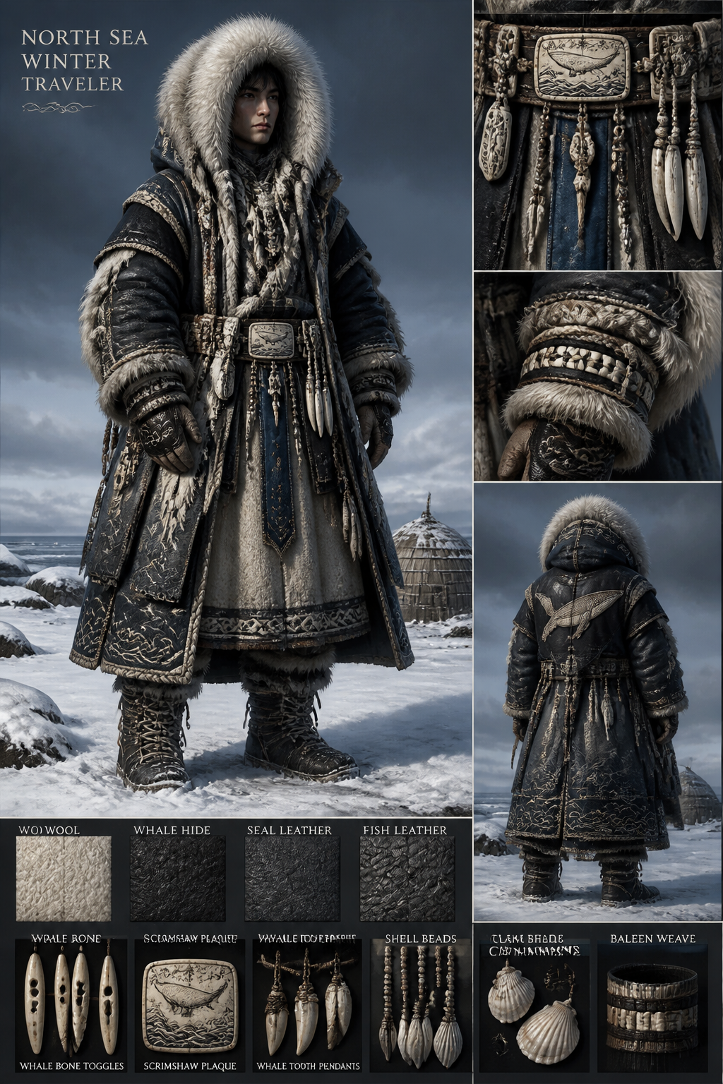 Heavy layered winter clothing made from thick wool, whale-hide leather, seal leather, and fish leather. Long hooded outer coat reaching below the knees with a rounded silhouette and wide sleeves for layering. Waterproof leather outer panels over woven wool garments. Thick leather belt with carved whale bone plaques and polished scrimshaw. Whale bone toggles, baleen strips woven into belts and cuffs, carved whale tooth pendants, shell beads, clam shell ornaments, braided rope trim, and subtle wave embroidery stitched in ivory thread. High fur-lined boots, large hood lined with pale wolf or fox fur, thick mittens, practical layered clothing in ivory, cream, slate gray, navy blue, weathered blue, and black.
Heavy layered winter clothing made from thick wool, whale-hide leather, seal leather, and fish leather. Long hooded outer coat reaching below the knees with a rounded silhouette and wide sleeves for layering. Waterproof leather outer panels over woven wool garments. Thick leather belt with carved whale bone plaques and polished scrimshaw. Whale bone toggles, baleen strips woven into belts and cuffs, carved whale tooth pendants, shell beads, clam shell ornaments, braided rope trim, and subtle wave embroidery stitched in ivory thread. High fur-lined boots, large hood lined with pale wolf or fox fur, thick mittens, practical layered clothing in ivory, cream, slate gray, navy blue, weathered blue, and black.