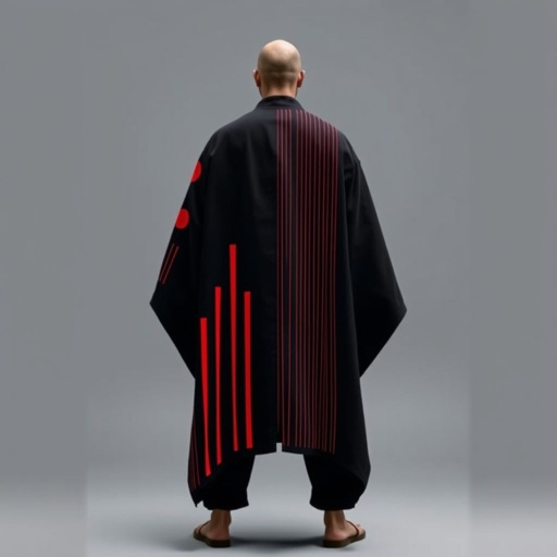 Design a men's kimono with a futuristic, minimalist aesthetic. On one side of the kimono, feature vertical lines in varying widths and lengths, randomly placed in red, creating a dynamic and fluid pattern. The other side should remain clean and simple, maintaining a sleek, modern silhouette. The base color should be black, with the red lines adding contrast and energy to one side. The overall design should combine a modern, shamanic feel, blending tradition with innovation, and evoke both spiritual and futuristic elements."