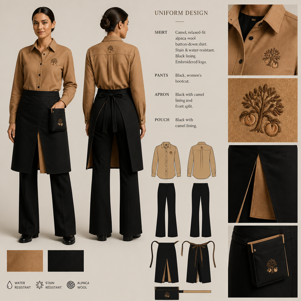 Create a uniform for wait staff that is camel colored, tailored, relaxed fit, made of alpaca wool, stain-resistant, and water-resistant. Include pants and apron. Button-down shirt should be camel colored with black lining with black embroidered letters that state The Georgian Crystal at Blue Ridge Resort and include a Southern Live Oak Tree with Spanish Moss and Peach Trees with fallen peaches; pants should be black, and the apron and pouch should be black. The black apron and black pouch should have camel lining. The black apron needs to have a small front-facing camel-lined split. Women's pants should be bootcut, non-jean. Women's shirts should be long-sleeved and tailored fit
Create a uniform: camel relaxed-fit alpaca wool button-down shirt, stain/water-resistant. Black lining, embroidered logo (tree, peaches). Black pants (women's bootcut). Black apron with camel lining and front split. Black pouch with camel lining.