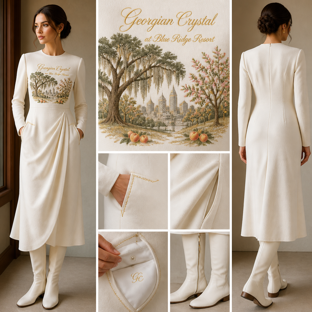 White warm long-sleeve drape tailored shin-length dress made of alpaca wool with "Georgian Crystal at Blue Ridge Resort" cursive font embroidered front logo with gold stitching, then add white pockets. Make sure pockets have gold stitching. Include an attachable hidden white pouch to hold pens, a small pen pad, front office cordless phone, and front office keys. Large logo should include an embroidered Southern Live Oak Tree with Spanish Moss and Peach Trees with fallen peaches influenced by the Atlanta skyline on the front chest area only. Create a design for women in the front office only. Include white knee-high professional flat boots for front office team members who may need to visit the outside grounds of the resort in the snow
White alpaca wool, long-sleeve, tailored, shin-length dress; drape silhouette. Embroidered "Georgian Crystal at Blue Ridge Resort" logo with gold cursive, large Southern Live Oak, Spanish Moss, Peach Trees with fallen peaches, and Atlanta skyline on chest. White pockets with gold stitching. Hidden white pouch. White knee-high professional flat boots.
