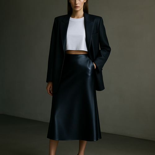 High fashion editorial campaign full-body shot. A female model poses confidently, wearing a white crop t-shirt (same design as reference), a silky black satin midi skirt, and a structured black oversized blazer. Show the complete model from head to toe, do not crop any part of the body. The outfit is styled as a cohesive total look, highlighting premium fabrics and modern tailoring. Emphasize the shiny satin texture, crisp white cotton, and luxury finish of the blazer. Minimal background, cinematic composition, high-quality photography.