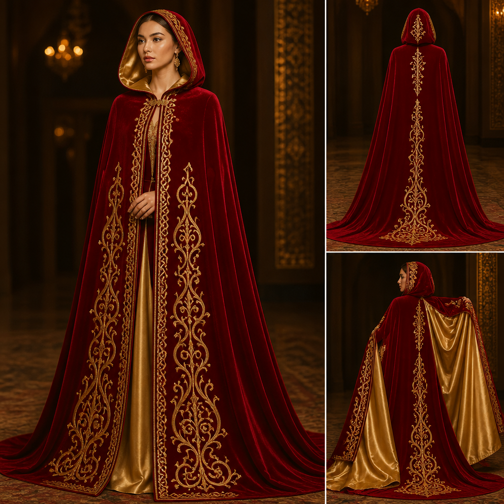 traditional welsh hooded cloak, in red velvet, with traditional golden kazakh motifs embroidered along the front panels and middle back, from top to bottom, fully lined in gold satin
Haute Couture fashion design: Floor-length hooded cloak in striking red velvet. Ornate golden Kazakh embroidery adorns the front panels and spine, end to end. Fully lined in gleaming gold satin. A regal, flowing silhouette with a structured hood.