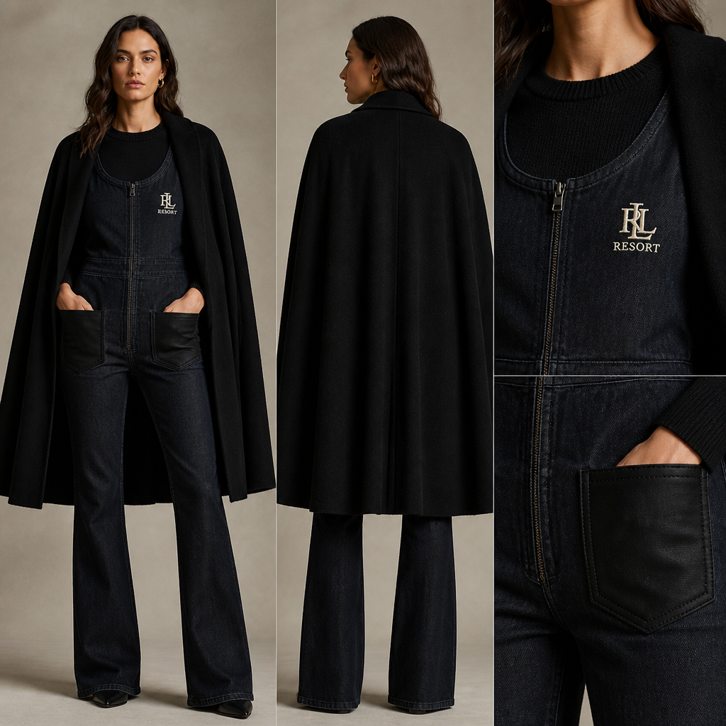 All-black warm sweater, long-sleeve cape same length front and back, bootcut one piece jumpsuit with cookies resort logo with ivory stitching, then add black pockets. make sure pockets have black stitching only
All-black wool sweater, crew neck. Black cashmere cape, knee-length. Bootcut denim jumpsuit, resort logo ivory embroidery, black patch pockets with black stitching.