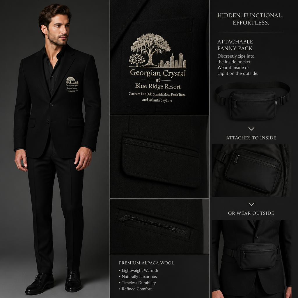 All Black warm long-sleeve alpaca wool straight-cut tailored-fit blazer suit with black pockets. Make sure pockets have black stitching. Include an attachable, hidden black sleek fanny pack to hold pens, a small pen pad, front office cordless phone, and front office keys. The cursive front pocket logo should have the business name "Georgian Crystal at Blue Ridge Resort" embroidered with Ivory stitching only. Include an ivory-embroidered Southern Live Oak Tree with Spanish Moss and Peach Trees with fallen peaches influenced by the Atlanta skyline within front pocket logo. Please create a design for men only. Logo should be located on the front of the blazer only. Blazer should be full length.
Men's full-length, straight-cut, tailored-fit alpaca wool blazer in solid black. Features black pockets with black stitching, and a hidden, attachable black fanny pack. Front pocket logo embroidered in ivory with "Georgian Crystal at Blue Ridge Resort", Southern Live Oak, Spanish Moss, Peach Trees, and Atlanta skyline elements.