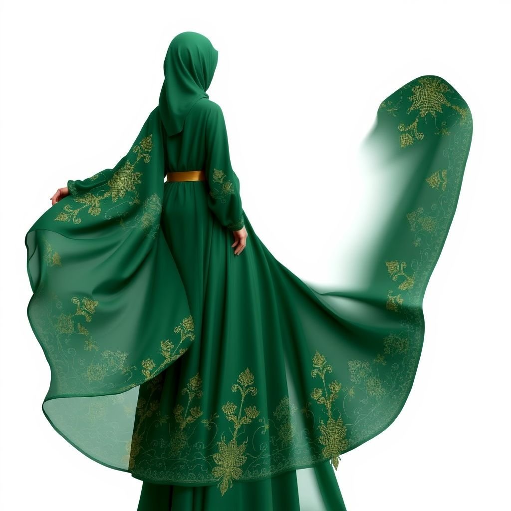 Arab women's abaya design


A flowing, floor-length abaya, crafted from silk chiffon in deep emerald green. Intricate gold embroidery tracing floral motifs along the sleeves and hem. A cinched waist adorned with a delicate gold belt, providing a modern twist. Soft, full sleeves creating a voluminous silhouette. Luxurious yet modest, embodying elegance and culture.