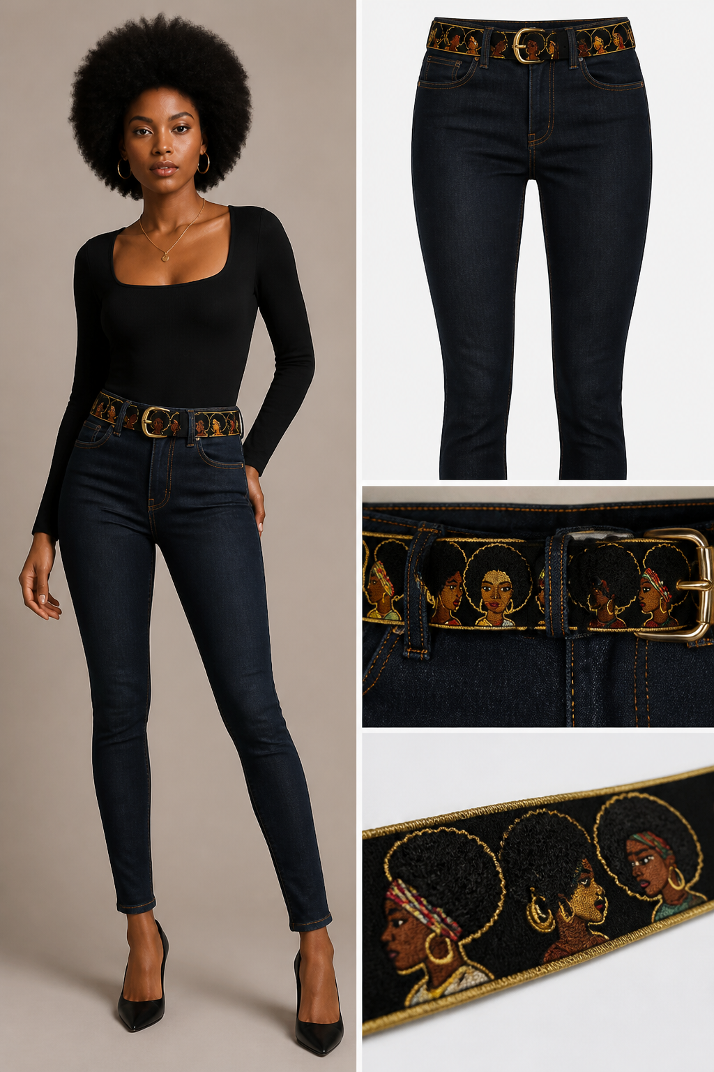Skinny jeans with black women afro embroidered belt
Skinny jeans with black women afro embroidered belt