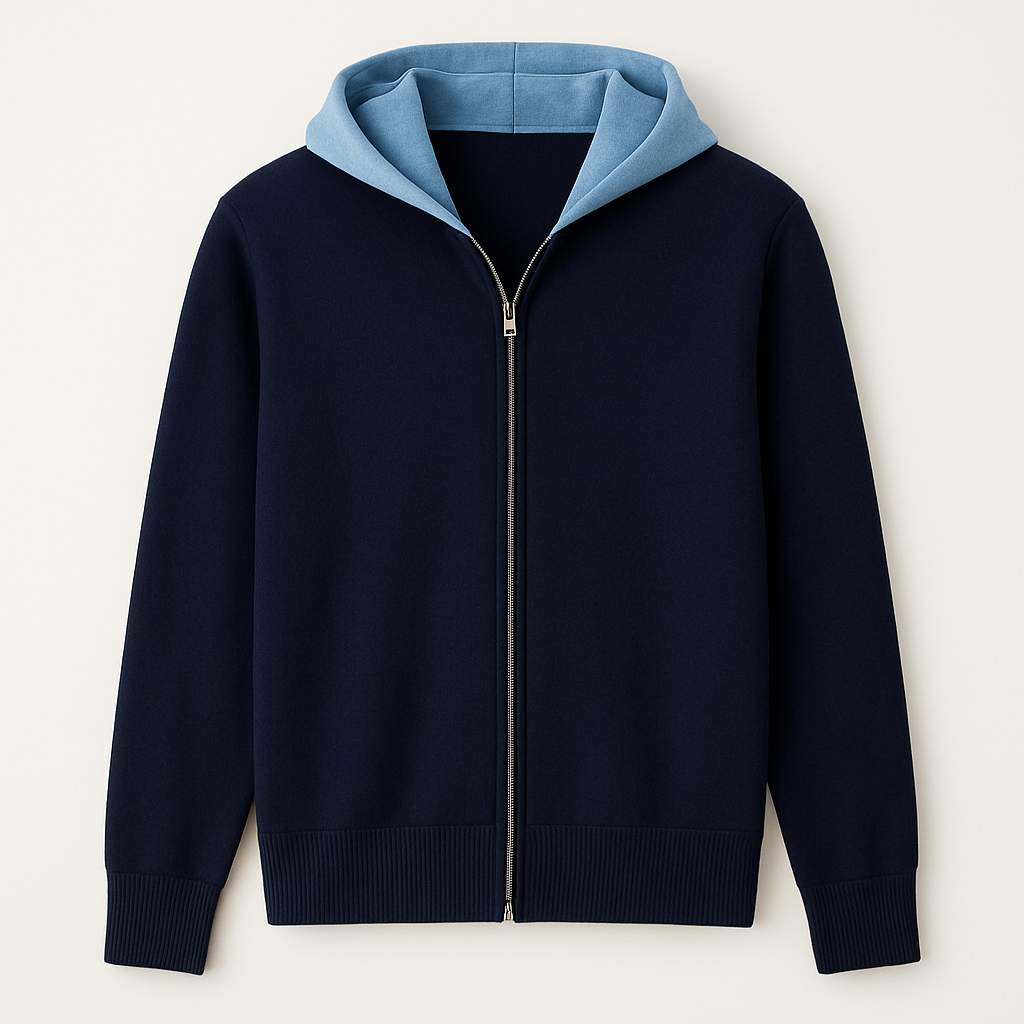 let's create a women's fine guage 14 cut interlock with 3/4" rib start hem,  zip front hood cardigan. The inside of the hood and inside of the garment is a contrast  color. Garment is navy and contrast color is ice blue

Navy fine gauge interlock knit cardigan, regular fit, hip-length. Features an ice blue contrast hood and interior, 3/4" ribbed hem, and zip front.