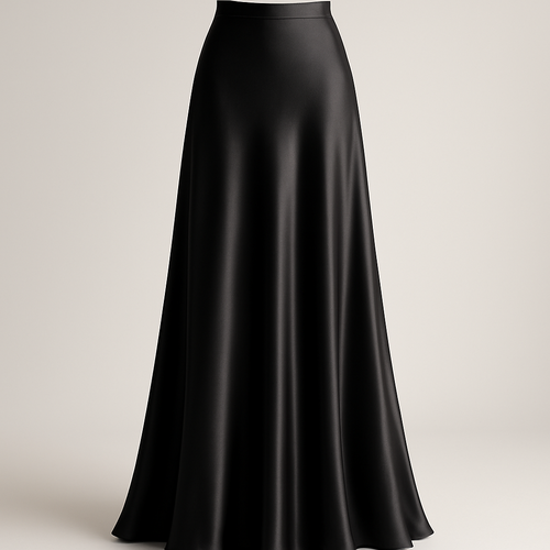 A luxury fashion product photo for an online store. A female model wears a maxi satin skirt in black . The skirt is the main focus: silky, fluid texture, premium high-quality fabric, elegant drape. Minimal styling, no blazer, no jacket, no accessories. Neutral studio-like background, soft daylight, ghost mannequin 3D/4D effect to highlight the skirt shape. Clean, minimal, professional e-commerce photography.