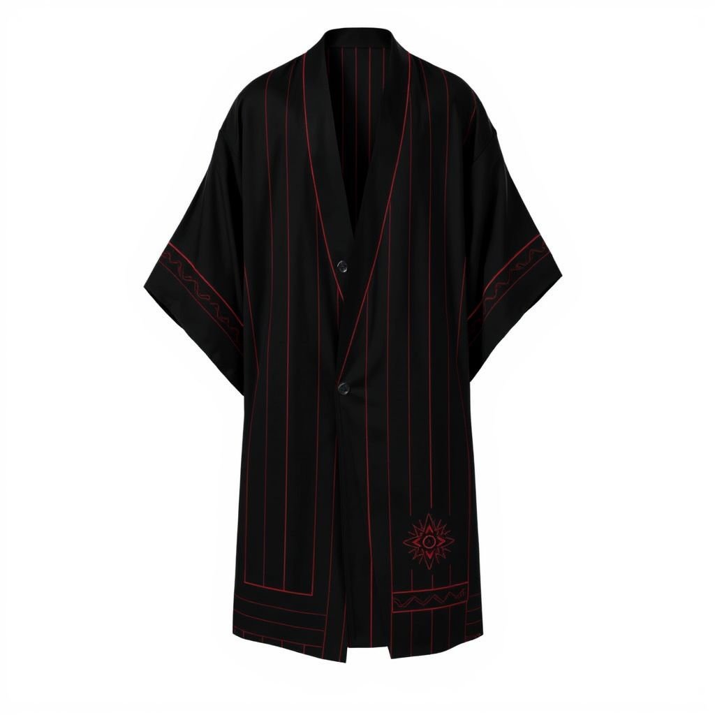 Design a men's kimono with a futuristic aesthetic, blending minimalist. Line vertical and a few line red . Pinstripe. Shaman futuristic. Black 

A sleek black men's kimono, featuring a minimalist design. Vertical lines create a structured silhouette, while subtle red pinstripes add striking contrast. Shamanistic patterns blend seamlessly into the fabric, embodying a futuristic essence. Lightweight, flowing material embraces comfort and movement, presenting a harmonious fusion of tradition and modernity, inviting exploration.