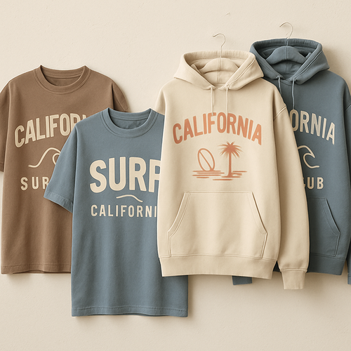 Create a collection of streetwear-inspired graphics and logos for t-shirts and hoodies, featuring oversized typography, minimalistic California surf motifs, palm trees, seagulls, waves, and abstract beach elements. Use a relaxed, youthful, urban style with muted pastels, washed denim blues, and earthy tones. Designs should look modern, trendy, and wearable, suitable for printing on apparel. High detail, vector-style clarity, bold yet casual aesthetic.