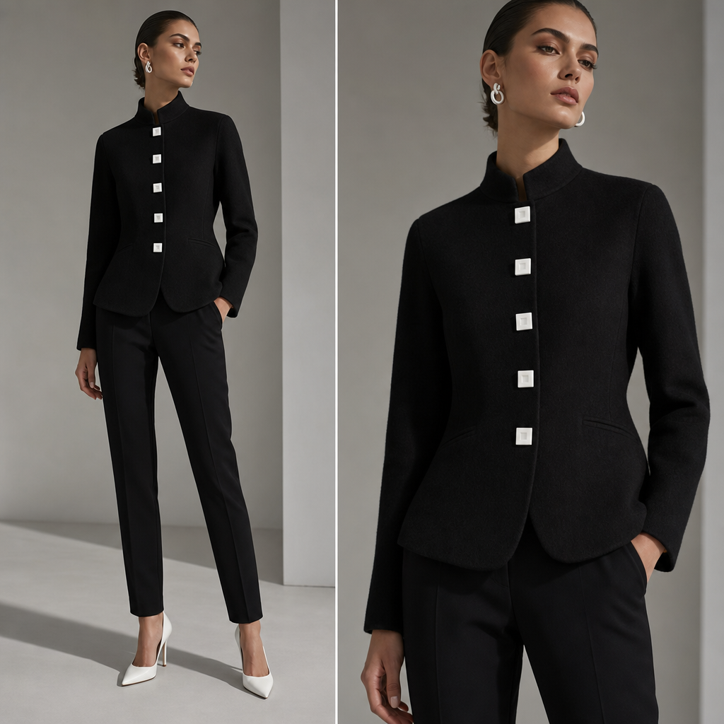 Black wool jacket with six square white buttons. Black pants and white high heel.
Black wool jacket with six square white buttons. Black pants and white high heel., contemporary style