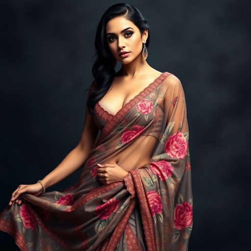 a saree with more revealing skin, full body. floral design beautiful face