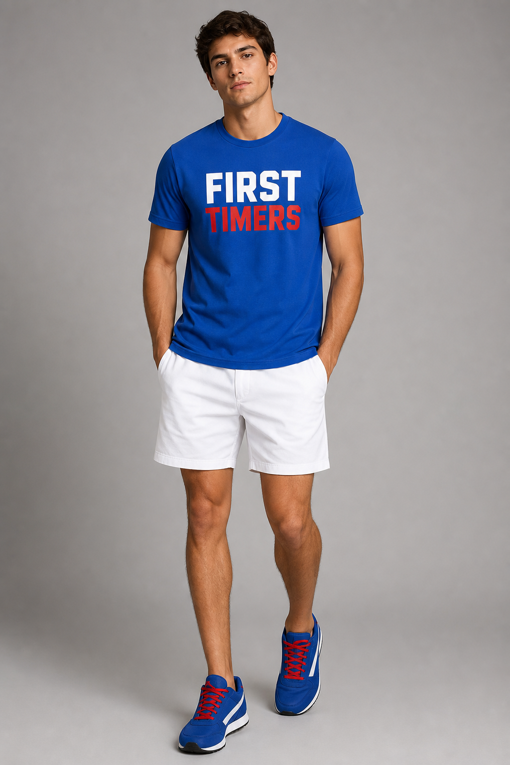 Cobalt blue t-shirt. White and red letters saying first timers on t-shirt. White shorts. Cobalt blue gym shoes with red laces and one white stripe on side of shoe.
Ready To Wear fashion design: Cobalt blue cotton t-shirt, "FIRST TIMERS" in white and red lettering. White cotton shorts. Cobalt blue gym shoes with red laces and a single white side stripe.