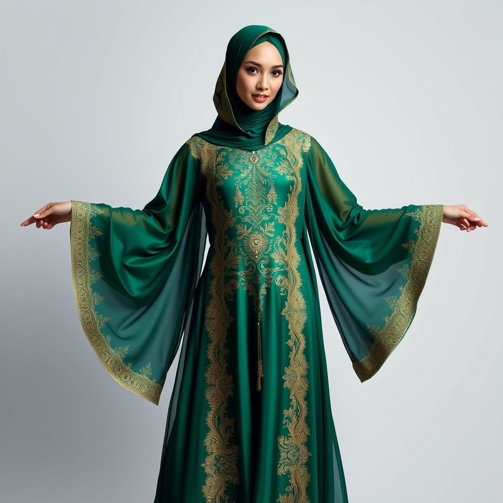 Arab women's abaya design
Opulent silk abaya, cascading layers in deep emerald green, intricate gold embroidery framing the edges. Flowing silhouette, semi-transparent cape sleeves billowing gracefully. Delicate beadwork embellishes the bodice, adding a touch of sparkle. Inner lining of soft cream silk, contrasting beautifully. Elegant hood, adorned with intricate patterns, blending tradition and contemporary flair.
