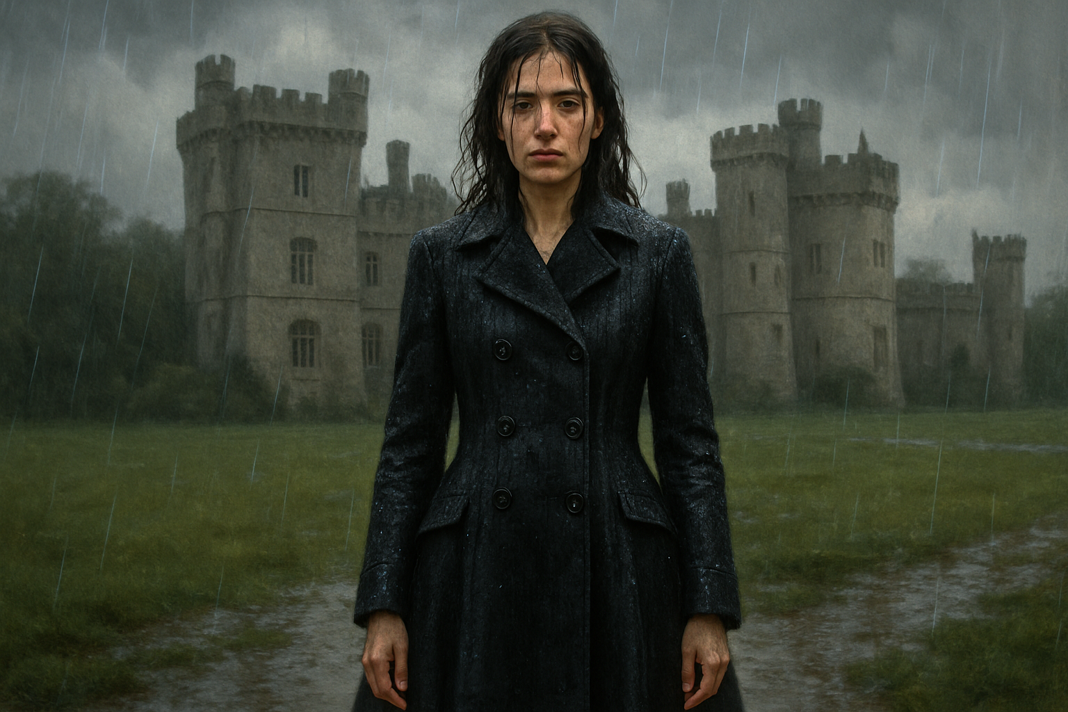 A woman. She got wet in the rain on her way to her castle in England and she was wearing this black coat. She is brunette and of medium height.
A brunette woman, medium height, in a **black wool, A-line, double-breasted coat** got wet in the rain on her way to her English castle.
