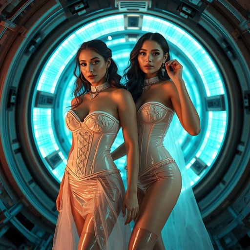 two female Brides with Bust in shiny PVC Pastel-Dark/Sepia clothing (corsets, chockers, girdle with Garter belts & glossy PVC Socks) locked in slow dancing in a Futuristic Spaceship, with Glowing AI-generated spirals pulse behind them. Leica M9 clarity, romantic elegance, hypnotic depth.