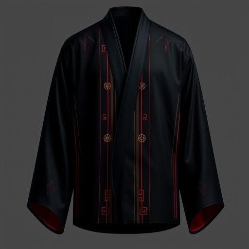 Design a men's kimono with a futuristic, minimalist aesthetic. Incorporate vertical lines and subtle red accents for contrast, creating a sleek, modern look. The kimono should have a shamanic, futuristic vibe, blending geometric shapes and spiritual symbolism. The base color should be black, with the red accents adding a sophisticated touch of color and depth. The design should evoke both tradition and innovation, combining ancient spiritual elements with a cutting-edge, technological feel."


