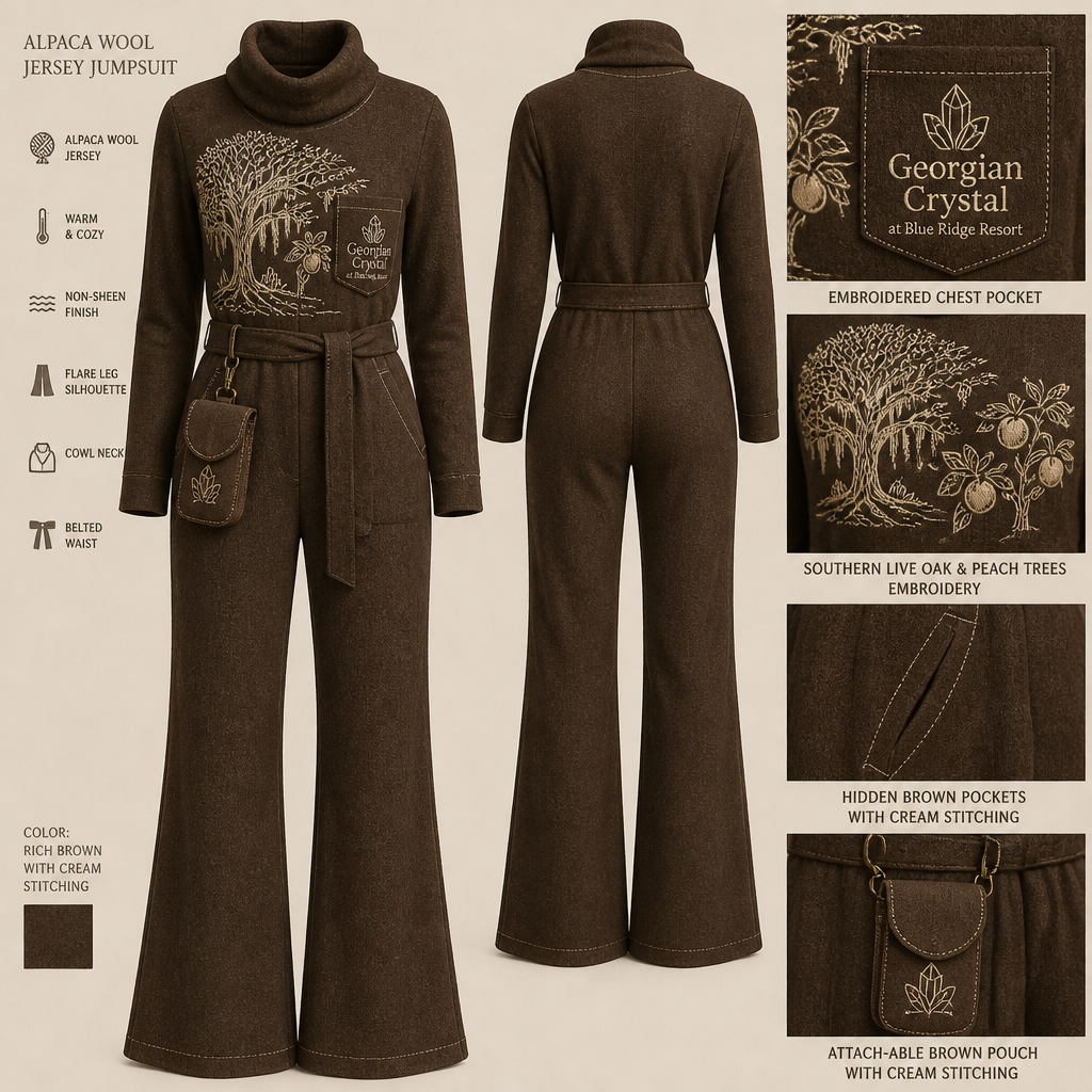 brown warm, cowl neck, belted, and stretchy long-sleeve timeless elegance professional flare leg non-jean jumpsuit made of alpaca wool with cream cursive font embroidered "Georgian Crystal at Blue Ridge Resort" logo chest pocket with cream stitching, then add hidden brown pockets. Make sure non-sheen pockets have cream stitching. Include an attachable hidden brown pouch to hold pens, a small pen pad, front office cordless phone, and front office keys. Large logo should include a cream-stitched only Southern Live Oak Tree with Spanish Moss and Peach Trees with fallen peaches, influenced by the Atlanta skyline on the front chest area only, and The entire front chest logo size should be the size of a circular plate, including the resort name within the circular plate only. Create a design for women in the front office only. Remove back pockets. Make sure logo states = Georgian Crystal at Blue Ridge Resort
Alpaca wool jersey jumpsuit, warm, cowl neck, belted, flare leg silhouette. Embroidered "Georgian Crystal at Blue Ridge Resort" logo on chest pocket with cream stitching. Large cream-stitched Southern Live Oak Tree and Peach Trees with peaches design on front chest. Hidden brown pockets with cream stitching. Attach-able brown pouch. Non-sheen.