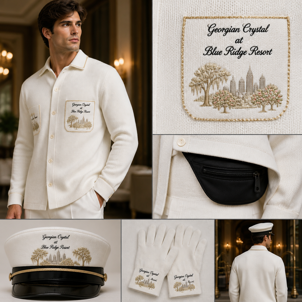 White long-sleeve knit alpaca wool button-down. Make sure pockets have gold stitching. Include an attachable, hidden black sleek fanny pack to hold pens, a small pen pad, front office cordless phone, and front office keys. The front pocket logo should have the business name "Georgian Crystal at Blue Ridge Resort" embroidered with black stitching only in cursive font. Include an ivory-embroidered Southern Live Oak Tree with Spanish Moss and Peach Trees with fallen peaches influenced by the Atlanta skyline within front pocket logo. Please create a design for men only. Logo should be located on the front of button down. include logoed bellmen hat and gloves for bellmen
Men's white alpaca wool knit button-down shirt, long-sleeve. Classic silhouette, regular cut. Gold-stitched pockets. Attached hidden black fanny pack. Front pocket logo: "Georgian Crystal at Blue Ridge Resort" in black cursive, embroidered with ivory Southern Live Oak, Spanish Moss, Peach Trees, Atlanta skyline. Matching bellmen's hat and gloves with logo.