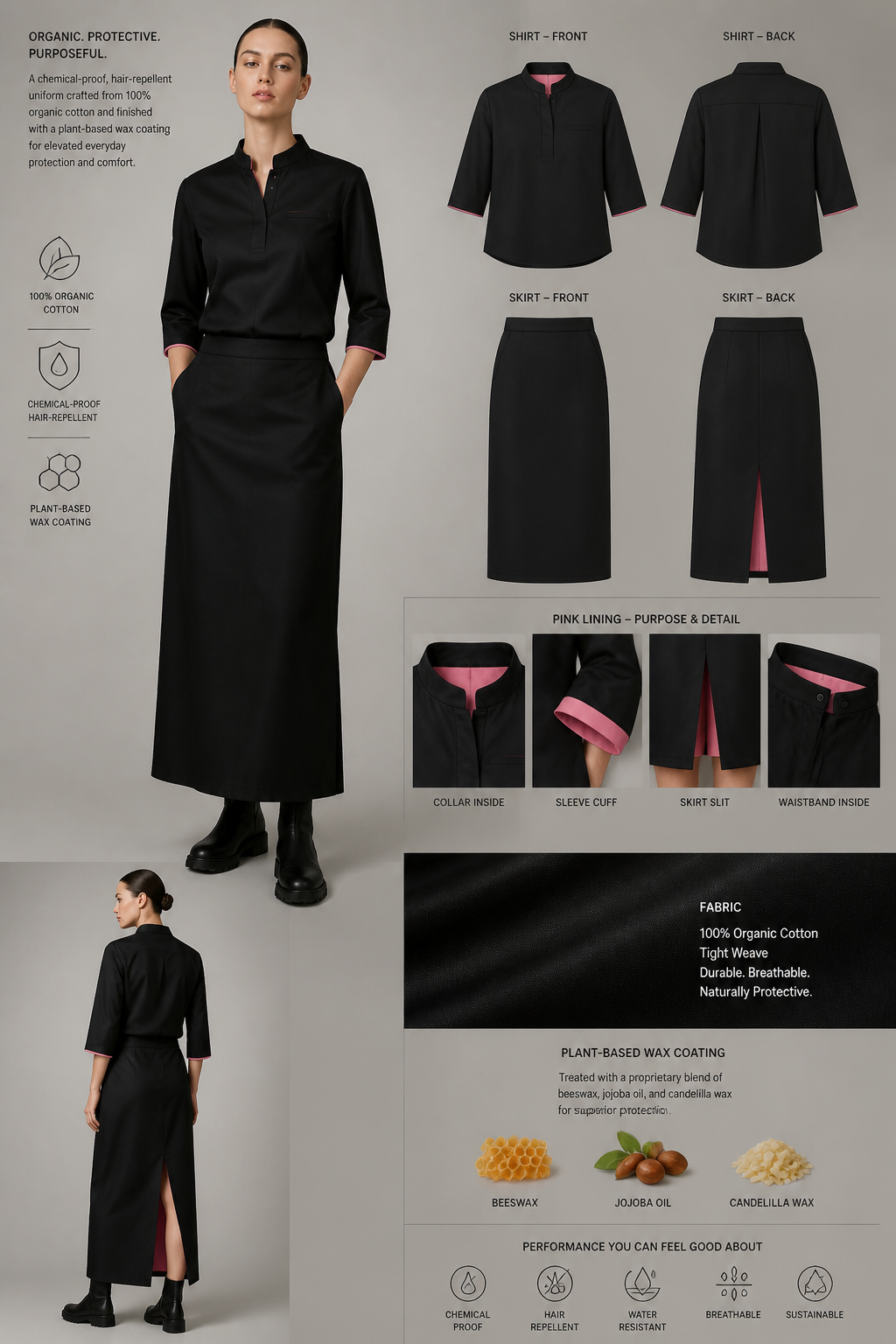 All-black ankle-length skirt and quarter-length shirt made of 100% organic cotton, tight weave treated with a chemical-proof and hair-repellent coating made of beeswax, jojoba oil, and candelilla wax. Full uniform needs to contain pink lining.
All-black ankle-length skirt and quarter-length shirt made of 100% organic cotton, tight weave treated with a chemical-proof and hair-repellent coating made of beeswax, jojoba oil, and candelilla wax. Full uniform needs to contain pink lining.