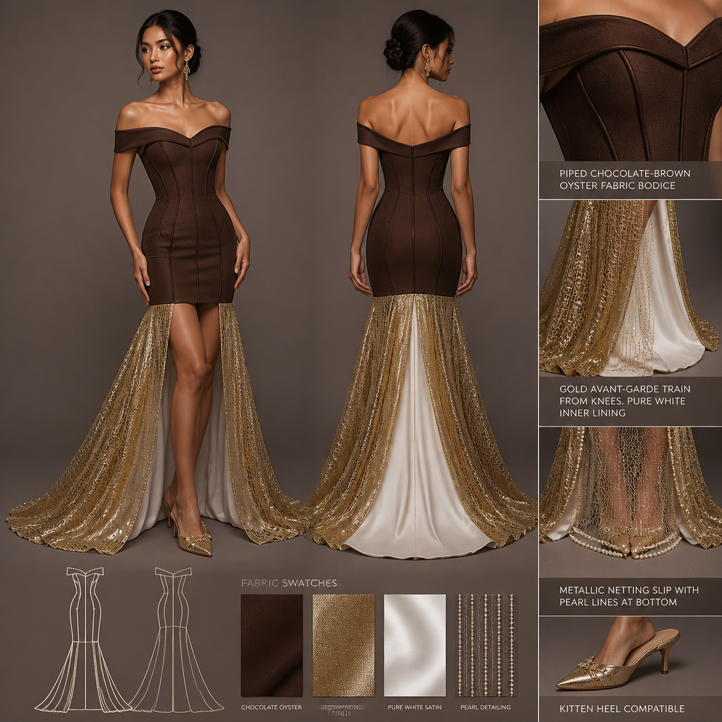 Off-the-shoulder, timeless mermaid gown with a piped chocolate-brown oyster bodice extending to mid-thigh and a gold avant-garde train starting at the knees, with a pure white inner lining like the nacre inside a clam. The slip under the dress should be of metallic netting with lines of pearls gracing the bottom of the netting. The dress should also be appropriate for walking in kitten heels
Off-the-shoulder mermaid gown. Piped chocolate-brown oyster fabric bodice, mid-thigh length. Gold avant-garde train from knees. Pure white inner lining. Metallic netting slip with pearl lines at bottom. Kitten heel compatible.