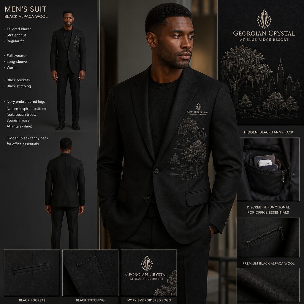 All Black warm long-sleeve alpaca wool full sweater tailored blazer suit with black pockets. Make sure pockets have black stitching. Include an attachable, hidden black sleek fanny pack to hold pens, a small pen pad, front office cordless phone, and front office keys. The cursive logo should have the business name "Georgian Crystal at Blue Ridge Resort" embroidered with Ivory stitching only. Include an ivory embroidered Southern Live Oak Tree with Spanish Moss and Peach Trees with fallen peaches influenced by the Atlanta skyline. Please create a design for men only. logo should be located on the front of the blazer only
Men's suit, black alpaca wool. Tailored blazer, straight cut, regular fit. Full sweater, long-sleeve, warm. Black pockets, black stitching. Ivory embroidered logo (Georgian Crystal at Blue Ridge Resort) and nature-inspired pattern (oak, peach trees, Spanish moss, Atlanta skyline) on front blazer. Hidden, black fanny pack for office essentials.