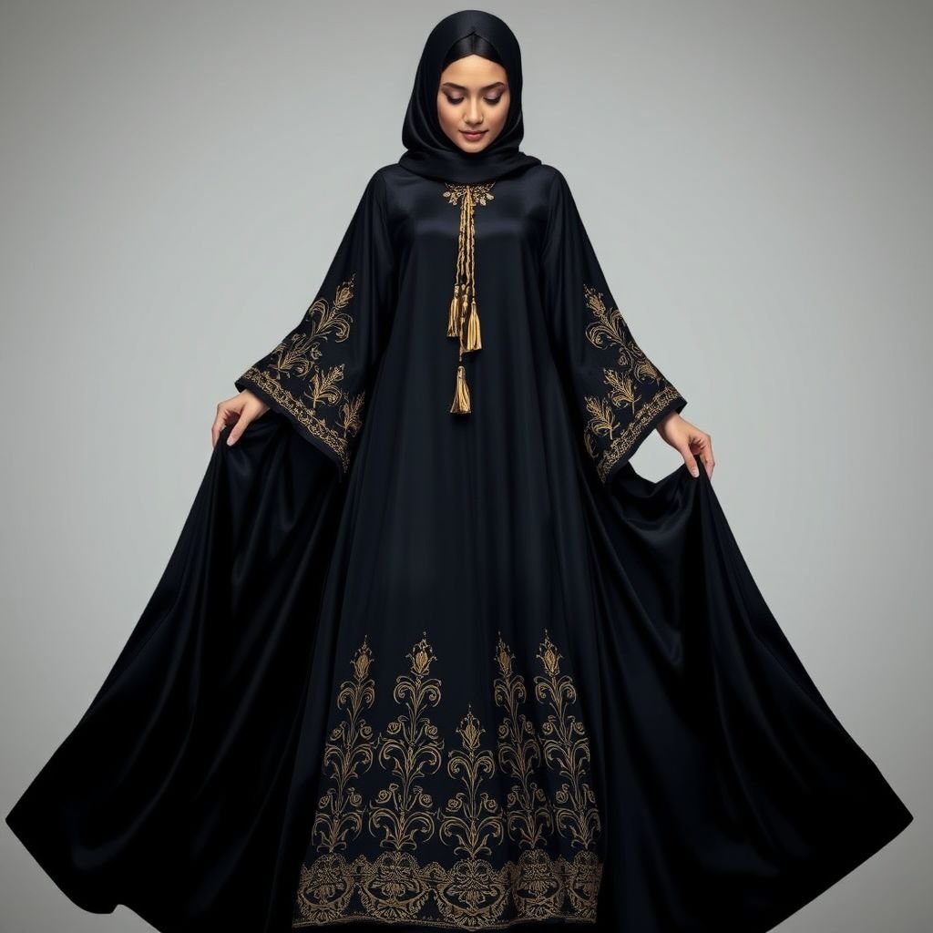 Black Arab Women's Abaya Design
Luxurious jet-black fabric cascading gracefully, floor-length silhouette enveloping the figure. Intricate gold embroidery tracing elegant arabesque patterns along the sleeves and hem. Delicate silk tassels dangling from the neckline, showcasing rich cultural heritage. Flared sleeves adding drama, complemented by a radiant headscarf. A blend of tradition and modern sophistication, enchanting and timeless.