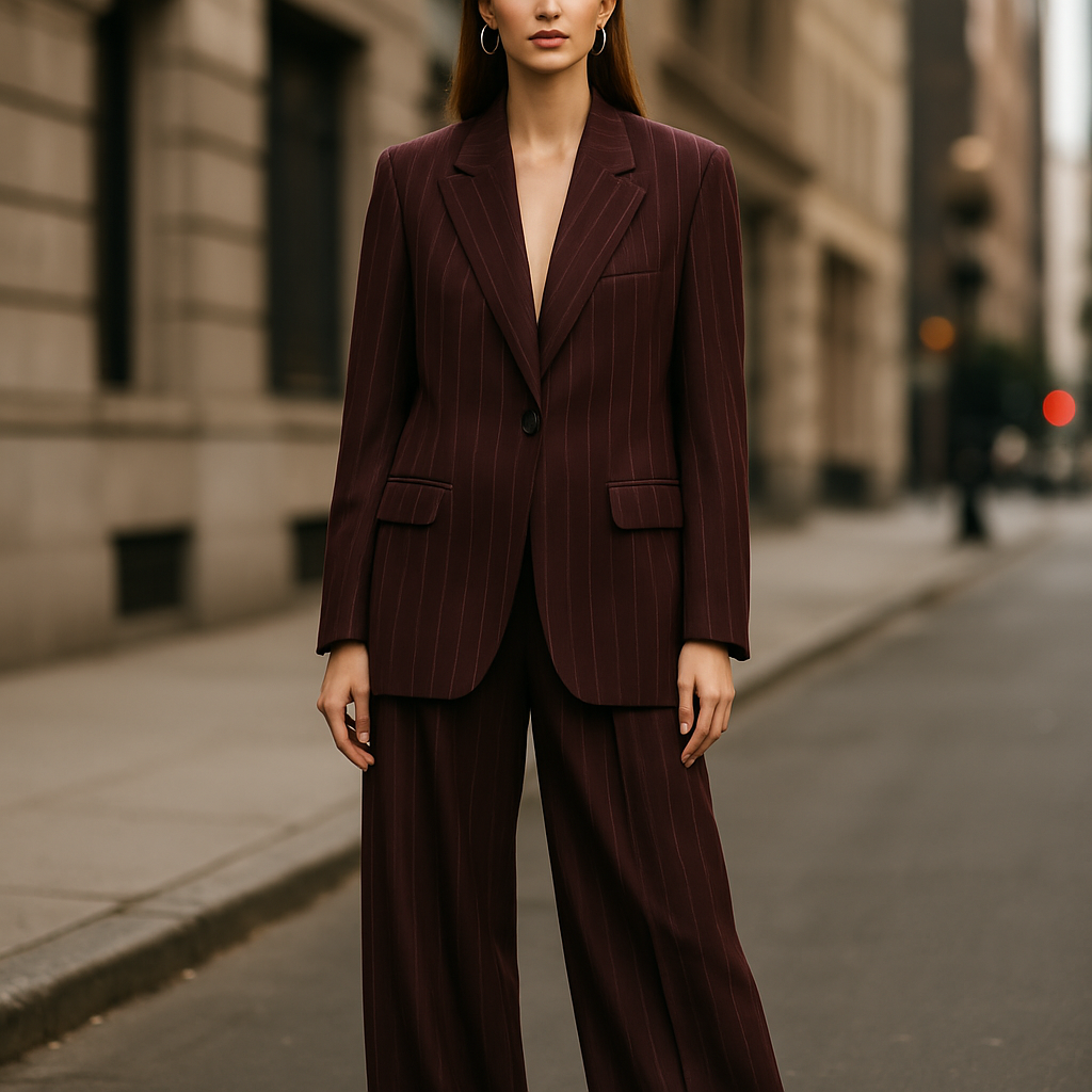 High fashion editorial full body shot of a female model walking in an urban city setting, wearing a dark bordeaux oversized blazer and palazzo pants set, fabric with single thin vertical white pinstripes, evenly spaced, straight and orderly (no double stripes), luxury wool texture. Blazer with a single button (no extra buttons), no chest pocket, only two flap pockets at the bottom. Oversized fit, elegant styling, cinematic fashion photography, luxury magazine aesthetic

Luxury fashion design: **Full-body shot, female model, urban setting. She wears an oversized dark bordeaux wool blazer and palazzo pants set. Single button blazer, no chest pocket, two flap pockets. Fabric features evenly spaced single white pinstripes. Elegant, oversized fit. Cinematic, luxury magazine style.**